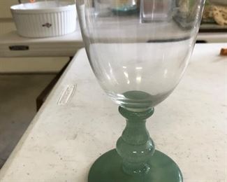 Set of blown goblets, green glass stems.