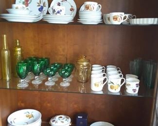 Vintage green Tetley tea glasses. China is Royal Worcester Evesham
