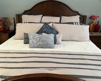 Bedroom Suite: King Bedframe, Dresser w Mirror, Highboy, 2 Nightstands, Bedding Set