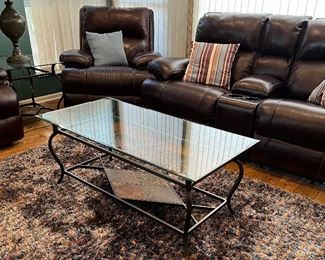 Sofa, Loveseat, Chair, Iron & Glass End Tables and Coffee Table, Table Lamps, Art, Area Rug