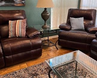 Sofa, Loveseat, Chair, Iron & Glass End Tables and Coffee Table, Table Lamps, Art, Area Rug