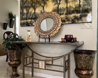 Sofa Table, Art Canvas, Metal Pots, Decorative Mirror