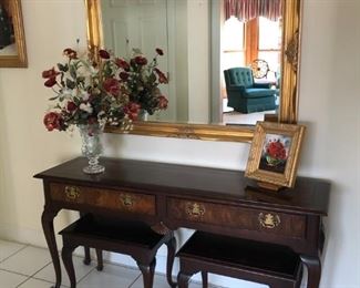 SOFA TABLE AND BENCHES BY HEKMAN, MIRROR