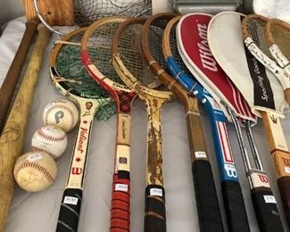 VINTAGE TENNIS RACKETS & FISHING ITEMS