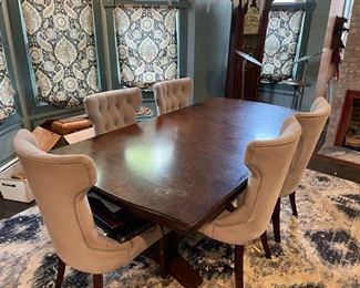 dining room has two leaves and 6 upholstery chairs plus rug for sale and draperies