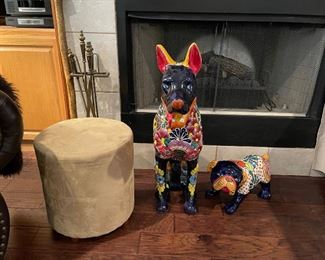 Ceramic dogs, fabric foot stool