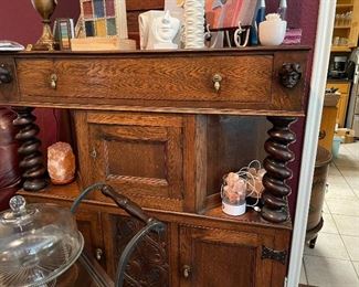 Antique tiger oak hutch with barley twist accents and great storage, salt rock lamps