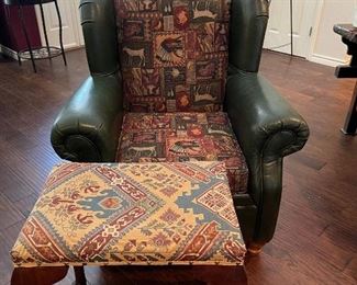 High back green leather chair with tapestry, tapestry seat foot stool