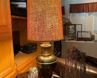 Vintage table lamp with original shade, wire candle holders