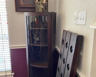 Antique corner display cabinet with curved glass, wood bottle holder, Jack in the box, great art work