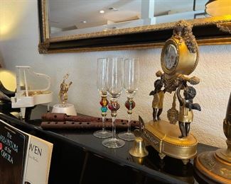 Seasonal champagne flutes, accent clock, wood flutes, music boxes
