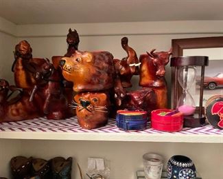 Leather coated animal containers, leather boxes, hour glass