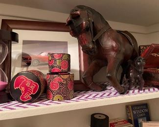 Large leather coasted horse, leather boxes, art
