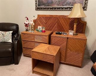 Vintage bamboo Queen head board, bed side table and two chests. The lamp is also a matching bamboo piece.