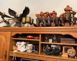 Quite the collection of hear no evil, see no evil and speak no evil! wood boxes, Eagle figurines 