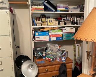 Lots of office supplies, 8 tracks, cassettes, toner, lights on three legs 