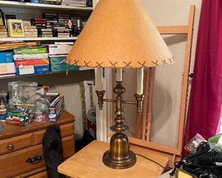 Vintage metal base lamp, large wood painting easel, TV tables