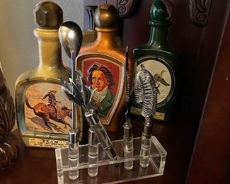 Vintage whiskey decanters, bar tools