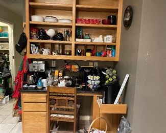 Keurig coffee makers, K cup storage pieces, Cuisinart coffee maker, bowls, mugs, 