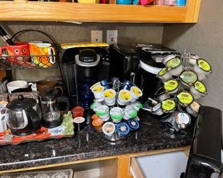 K cup storage units, tea pots, mugs