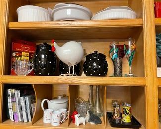 Pottery canisters, shot glasses, hand painted stem ware, Corning ware