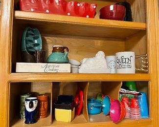 Buddha butter dish, ceramic drink cups, small pans, mugs