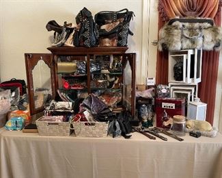 More designer bags and purses including Rockin Star Ranch and Neiman Marcus, evening purses, coin purses, Wall crosses, wood boxes, large faux fur purse (new)