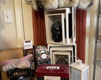 Wood storage crates, painted horse, water fall, small lights