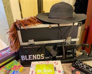 Professional make up case, YES sign, hat, feather trim