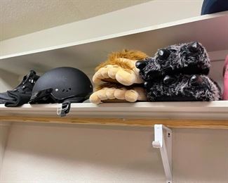 Harley Davidson boots and helmet, animal slippers