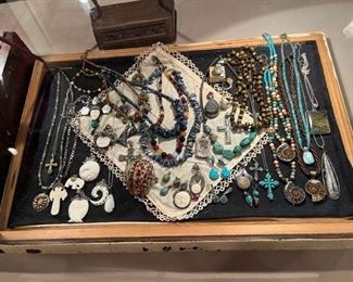 Sterling, and natural stone jewelry, Ammonite pendants, great lapis and agate