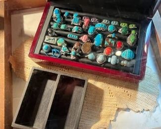 Sterling rings with coral, turquoise and ammonites