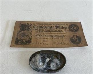 Lot 61
Confederate state note copy and belt buckle