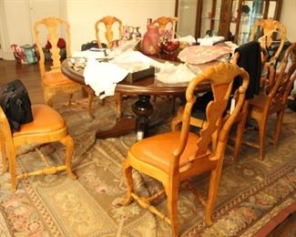 Grange pedestal dining table with 3 leaves; set 12 antique carved French dining chairs