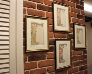 Four framed period A. Mucha Moet & Chandon Menu cards lithographs