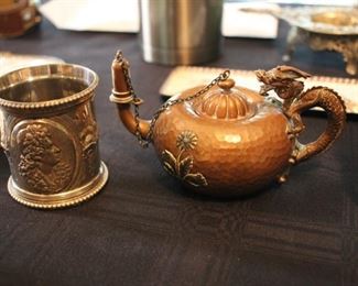 Silver plate napkin ring; Gorham dragon mixed metal cigar lighter / lamp