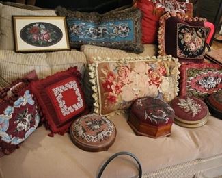 Antique bead work pillows & footstools