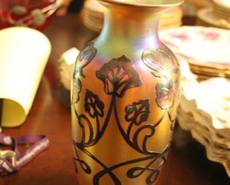 Silver overlay iridescent vase