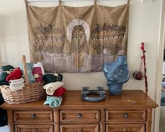 Jesus and the Apostles Batik Hanging from Brazil, handmade studio pottery vessel, Berimbau instrument (Brazil)