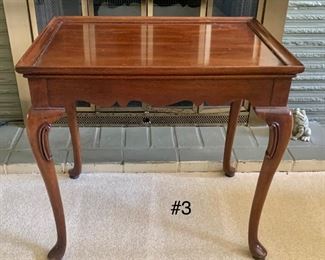#3- $50- Cute curved leg side table with carved details. 18.5w x 24d x 22t