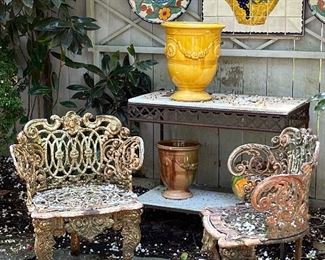 Pair of mid 19th C Victorian iron scroll garden chairs