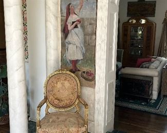 Pair Antique French Provincial Louis XVI Rococo Gold Bergere Chairs with original Aubusson tapestry 