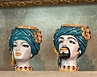 Antique Moor's Heads Atena Caltagirone Ceramic planters Écru Beige Gold