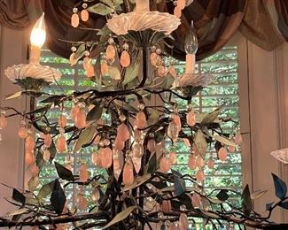 Large bronze chandelier with natural rock crystal and rose quartz teardrops.
Appraisal is $6,000