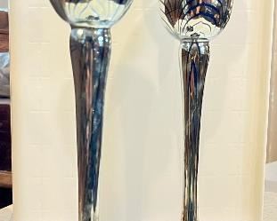 Correia Art Glass Black Iridescent Pulled Feather Art Glass Candlesticks 