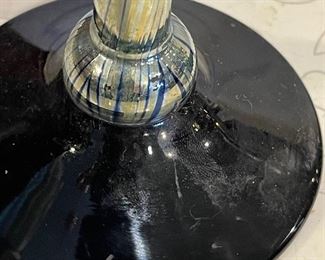 Detail pic, Correia Art Glass Black Iridescent Pulled Feather Art Glass Candlesticks m, signed