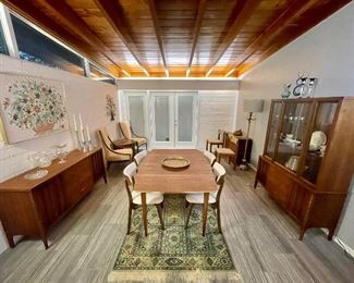 Mid Century Sculptural Walnut Dining Room; China Cabinet, Sideboard, and Dining table 