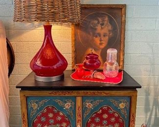 Hand painted chest.  Ceramic lamp with Ralph Lauren heavy woven wicker lamp shade