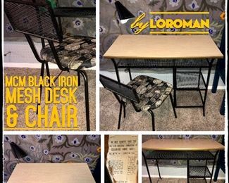 Mid Century Black Iron Mesh Desk & Chair by Loroman with attached Gooseneck task lamp 