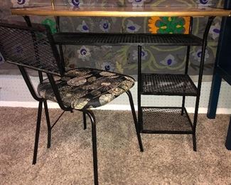 Mid Century Black Iron Mesh Desk & Chair by Loroman with attached Gooseneck task lamp 